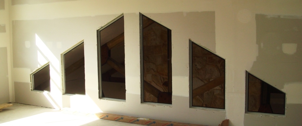 Geometric plasterboard feature wall during construction